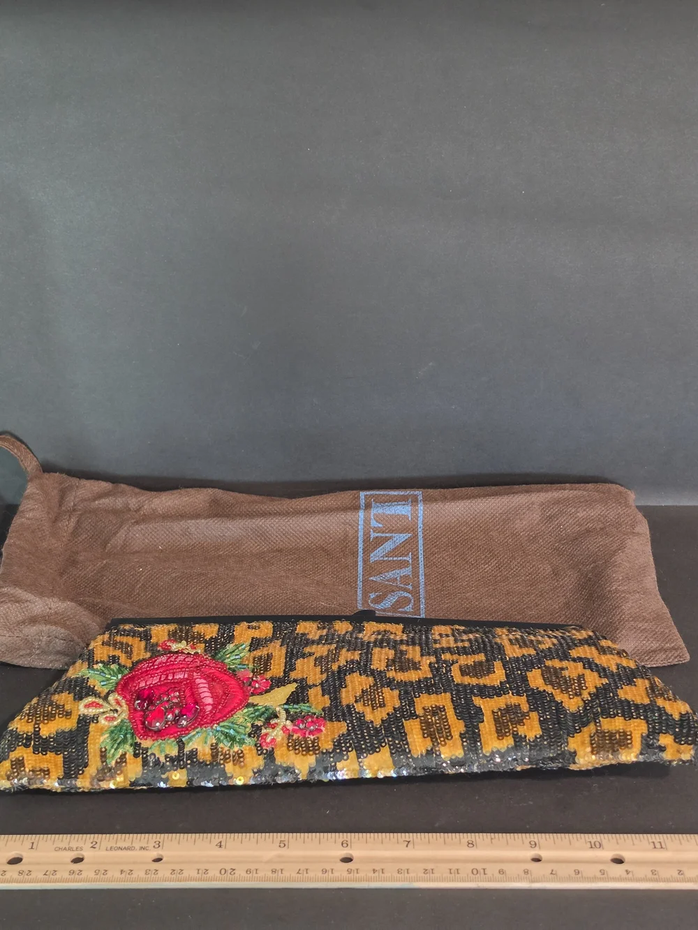 Embroidered Rose Beaded Leopard-Print Clutch in Gold & Black